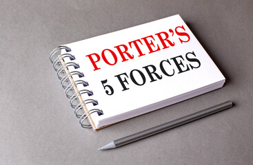 PORTER'S 5 FORCES text on notebook on grey background