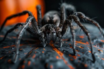 Detailed view of a spider crawling on a surface, showcasing its intricate features and movements - obrazy, fototapety, plakaty