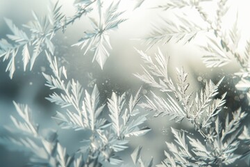 Detailed close-up of delicate frost patterns on a frosted glass window, showcasing intricate winter designs