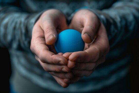 A persons hands holding a blue stress ball, demonstrating coping mechanisms for managing anxiety and stress