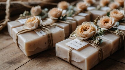 Weeding favors mini soaps with flowers on favour table,rustic style decoration in nature colour,small guest gift,orignal party souvenirs. - obrazy, fototapety, plakaty