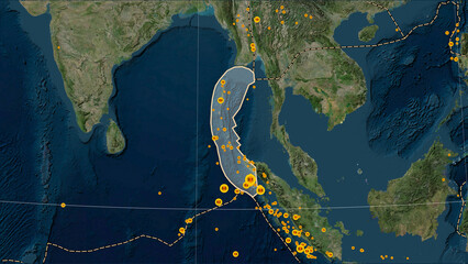 Earthquakes around the Burma plate. Satellite map