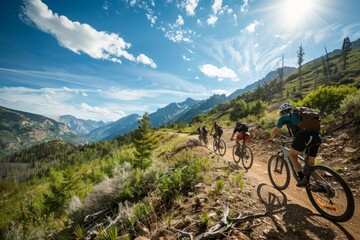 A group of people, riding bicycles, travel down a dirt road in a scenic outdoor setting, enjoying the thrill of cycling