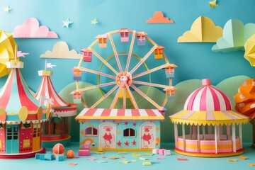 Paper art images depicting colorful carnival scenes. Complete with a Ferris wheel and cardboard booths.