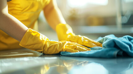 Obraz premium Close-up of female hands in yellow gloves cleaning with a sponge rag. Cleaning concept. Copy space. Generative AI