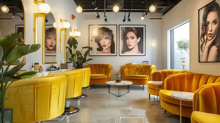 an image of a vintage Hollywood-inspired nail salon with yellow velvet furnishings