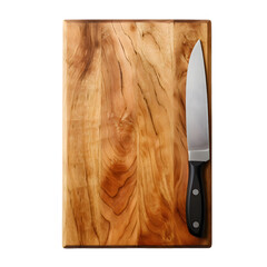 Wooden kitchen empty board on which a knife lies. Realistic