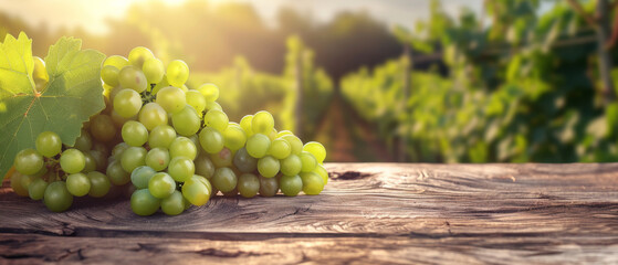 Sun-Kissed White Grapes on Vineyard Table, Cluster of ripe white grapes on an aged wooden table,...