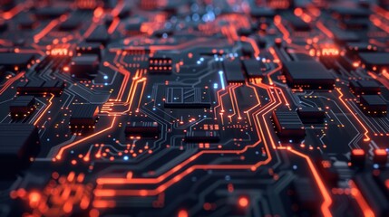 Obraz premium Macro close-up view of an electronic circuit board highlighting the pathways and micro components.