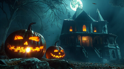 Scary Halloween pumpkins and a haunted house at night. Scary Halloween background