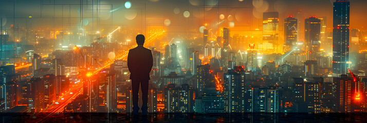 A Civil Engineer Stands Looking at the Construct ,
Rear view of businessman looking at night city with skyscraper - obrazy, fototapety, plakaty