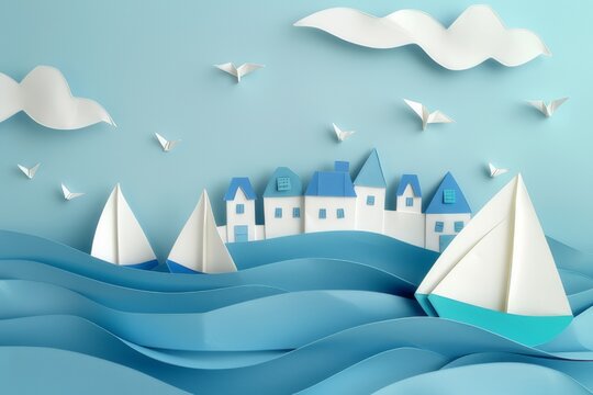 Paper craft art images of a quiet seaside village with a paper boat floating on blue paper waves