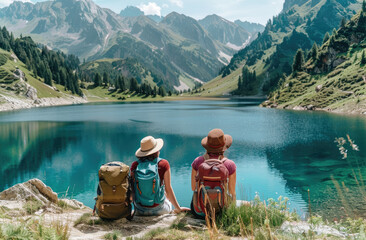 Two friends sitting on the edge of an alpine lake, overlooking majestic mountains