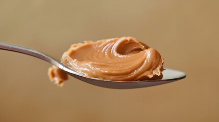 Fototapeta premium Peanut butter on a metallic spoon, traditional food