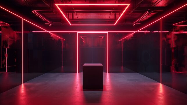 Red Neon Cube Display in Reflective Dark Room, A striking red neon cube display centered in a dark, reflective room, creating a bold and intense atmosphere for an avant-garde presentation.