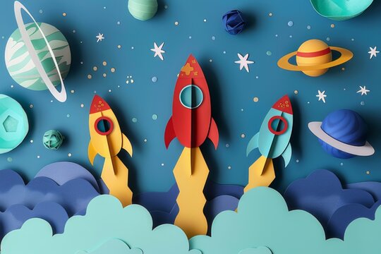 Paper craft art images depicting space exploration scenes. Complete with paper rockets and planets.