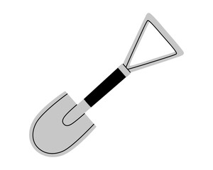Hand drawn cute cartoon illustration of camping shovel. Flat vector outdoor spade for digging sticker in colored doodle style. Tourism survival icon. Adventure, hiking. Gardening tool. Isolated.