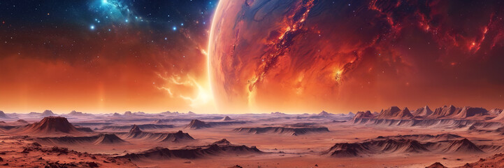 A planet with a fire or firecracker in the sky above it. The planet appears to be a desert, and there are mountains in the background.