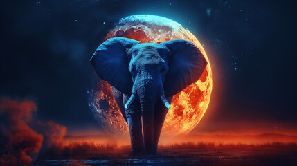 Naklejka premium Majestic elephant standing under a giant full moon on a starry night with vibrant orange and blue tones. Wallpaper, backdrop. Generative AI