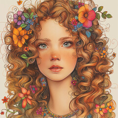 Curly red-haired young girl with flowers in her hair, spring girl