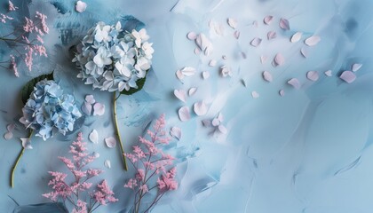 A blue floral background with blue hydrangeas and pink petals, Blue Hydrangea flyer template, Top view with flowers and petals, Greeting card or cover design, AI generated - obrazy, fototapety, plakaty