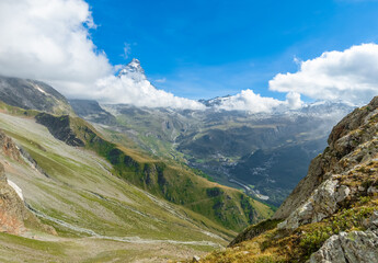 Breuil-Cervinia (Italy) - A view of Cervino mountain range of Alps in Valle d'Aosta region, here with trekking paths, alpin lakes ed alpinistic Ferrata Vofrède.