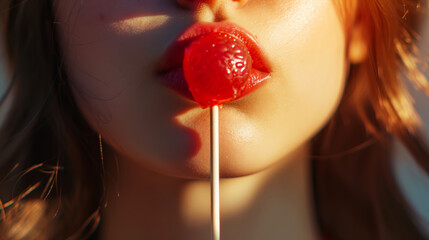 Close-up of beautiful girl's lips holding lollipop. Light background. Strong shadows. Aesthetic concept. Generative AI - obrazy, fototapety, plakaty