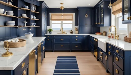 A nautical-themed kitchen with navy blue cabinets, brass hardware, and rope accents reminiscent of...