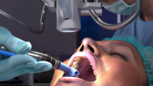 Dentist examining patient teeth with dental microscope. Dentistry concept. AI.