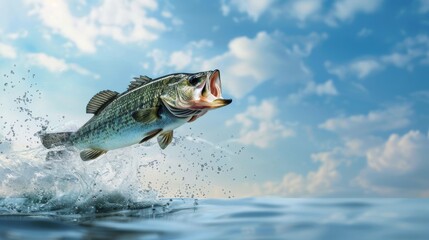 Largemouth Bass Jumping Out of Water, A dynamic image capturing a largemouth bass fish leaping out of the water with splashing droplets, set against a blue sky.