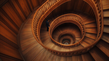 Businessman climbing a spiral wooden staircase in a modern office building. - Powered by Adobe