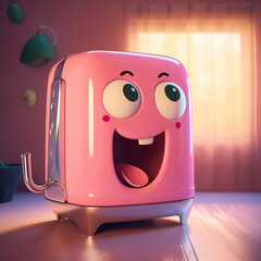 Satisfied with life, pink glossy toaster is a household appliance in the kitchen. Cute cheerful creeping cartoon character.