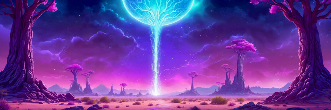 A fantastical scene of a forest with a blue beam of light into the sky. The entire scene is painted in shades of purple and pink, giving it a magical and surreal appearance.