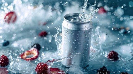 Aluminum cans without logos with splashes of ice and berries. Layout for advertising banners, etc - obrazy, fototapety, plakaty
