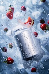 Obraz na płótnie Canvas Aluminum cans without logos with splashes of ice and berries. Layout for advertising banners, etc
