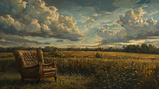 oil painting art image of a view of a cloudy sky with fields in the countryside.