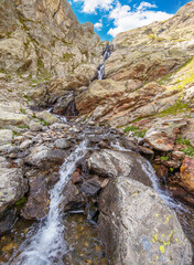 Breuil-Cervinia (Italy) - A view of Cervino mountain range of Alps in Valle d'Aosta region, here with trekking paths, alpin lakes ed alpinistic Ferrata Vofrède.