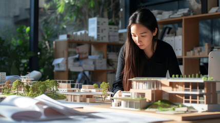 A focused architect examining a detailed architectural scale model in a well-lit workshop with plans on the table