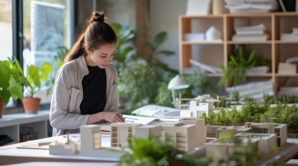 A focused architect examining a detailed architectural scale model in a well-lit workshop with plans on the table