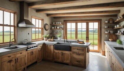 A rustic-modern kitchen with exposed wooden beams, concrete countertops, and a farmhouse-style sink overlooking a scenic countryside.