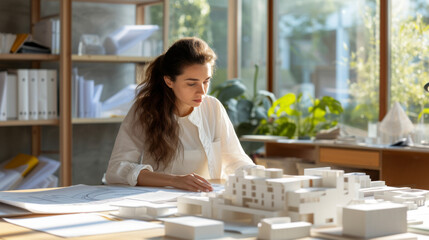 A focused architect examining a detailed architectural scale model in a well-lit workshop with plans on the table