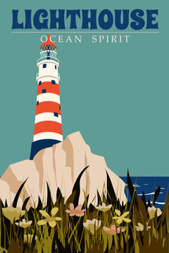 Vintage Poster Lighthouse tower, beacon on seashore ocean