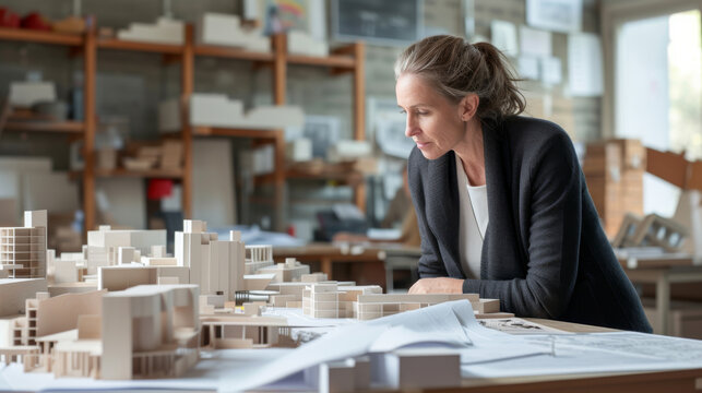 A focused architect examining a detailed architectural scale model in a well-lit workshop with plans on the table