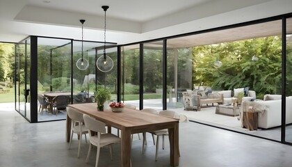 A hybrid kitchen-dining area with a retractable glass wall opening to a lush outdoor patio, blurring the lines between indoor and outdoor living.