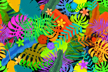 Fototapeta na wymiar Tropical exotic Seamless pattern background. Colorful jungle leaves, flowers