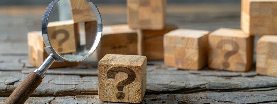 Problems and root cause analysis concept. Define problems to find solution. The wooden cubes with illustration magnifying glass to analyze question mark sign on grey background and copy space.