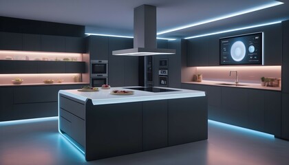 A futuristic kitchen featuring smart appliances, integrated LED lighting, and a holographic display for recipe guidance. - obrazy, fototapety, plakaty