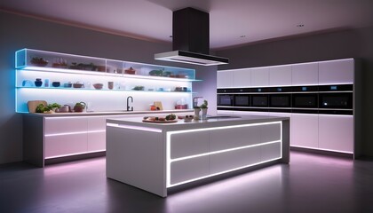 A futuristic kitchen featuring smart appliances, integrated LED lighting, and a holographic display for recipe guidance.