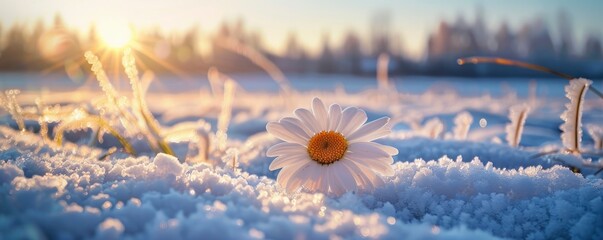 A beautiful snow-covered field, with a blooming daisy in the centre of it. The sun shines on that flower and illuminates everything around it. - obrazy, fototapety, plakaty