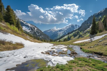 Spring thaw in a mountain valley featuring a partially frozen stream, melting snow, green grass patches, and towering spruce trees under a sunny sky with cumulus clouds